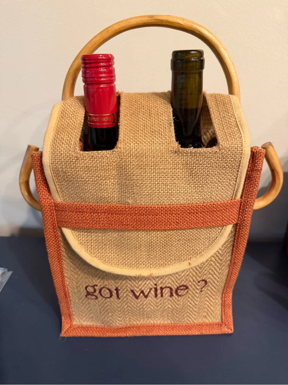 Rust Accent Jute Double Wine Tote Bag - got wine?
